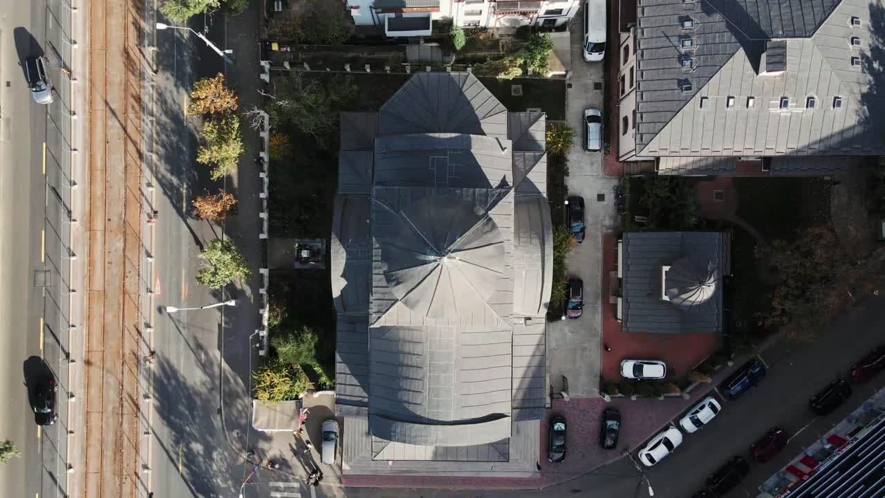 Church rooftop seen from above, spinning image