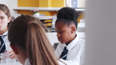 grupo de estudiantes de secundaria vestidos de uniforme sentados alrededor de la mesa y comiendo almuerzo en la cafetería