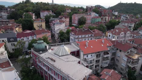 aerial establishing shot of the colourful houses in the centre of plovdiv