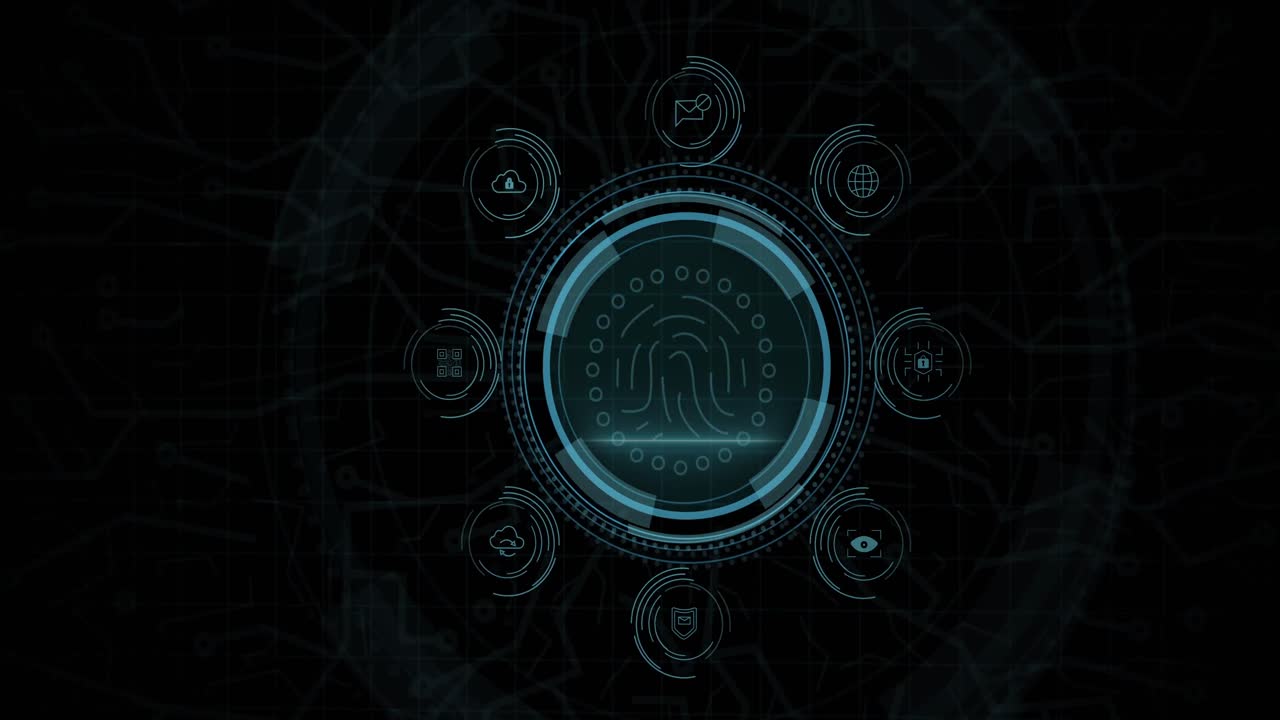 animación del escaneo de huellas dactilares en círculo y protección de datos sobre fondo negro