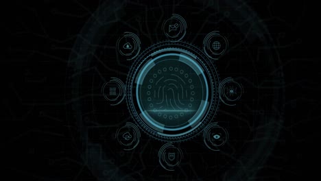 Animation-of-fingerprint-scanning-in-circle-and-data-protection-on-black-background