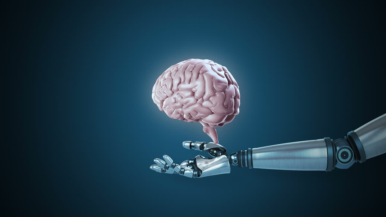 Robotic hand presenting digital human brain