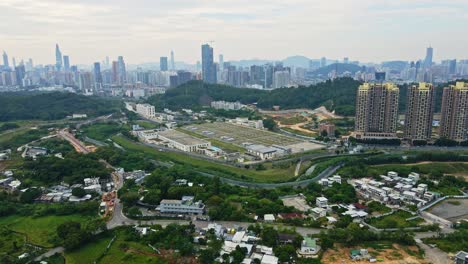 overview of shenzhen river and law fong sewage treatment facility in aerial drone view