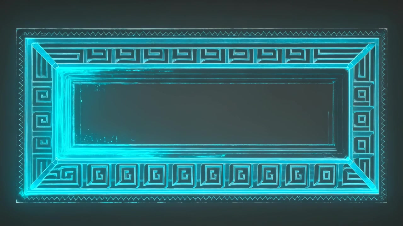 Animating ornate Greek-key frame cyan stroke tracing lower-left revealing sparks on dark backdrop