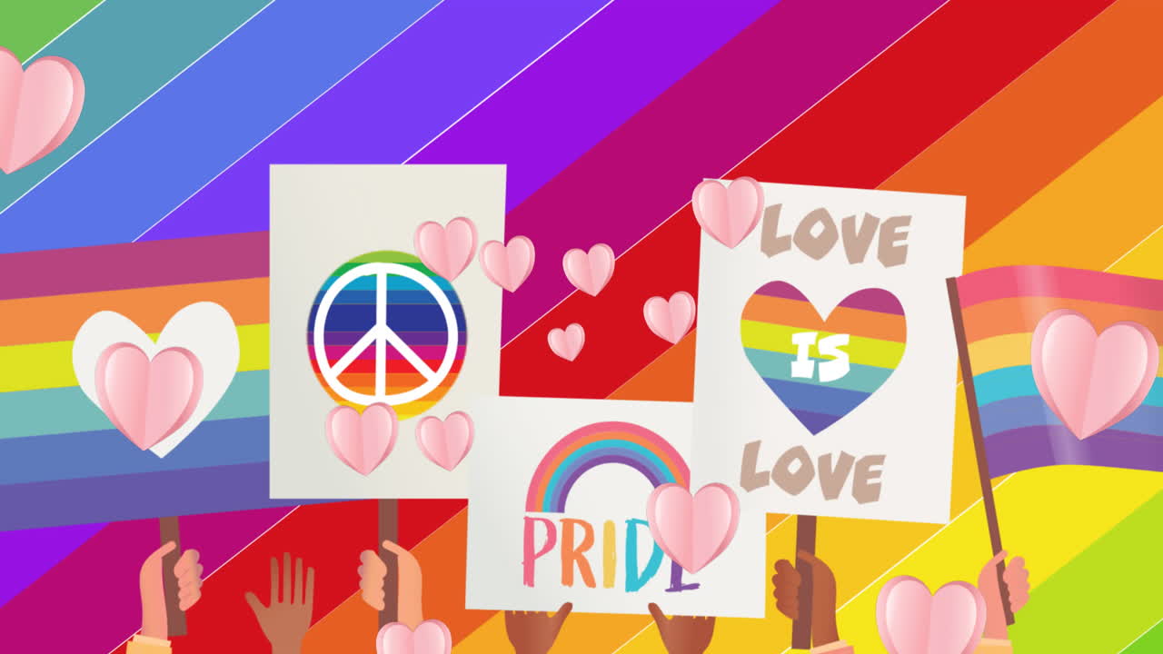 무지개 위의 아이콘과 함께 심장과 자부심 텍스트의 애니메이션