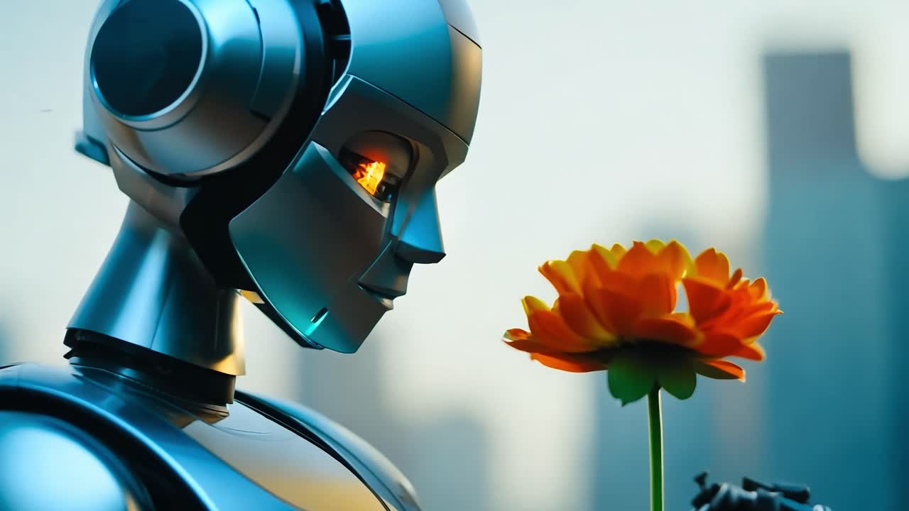 un robot con ojos brillantes y auriculares admira una flor en la ciudad
