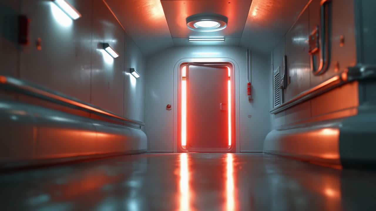 A Futuristic Corridor Featuring Illuminated Walls and a Doorway Leading to a Brightly Lit Space, Emphasizing Modern Design and Ambient Lighting Effects