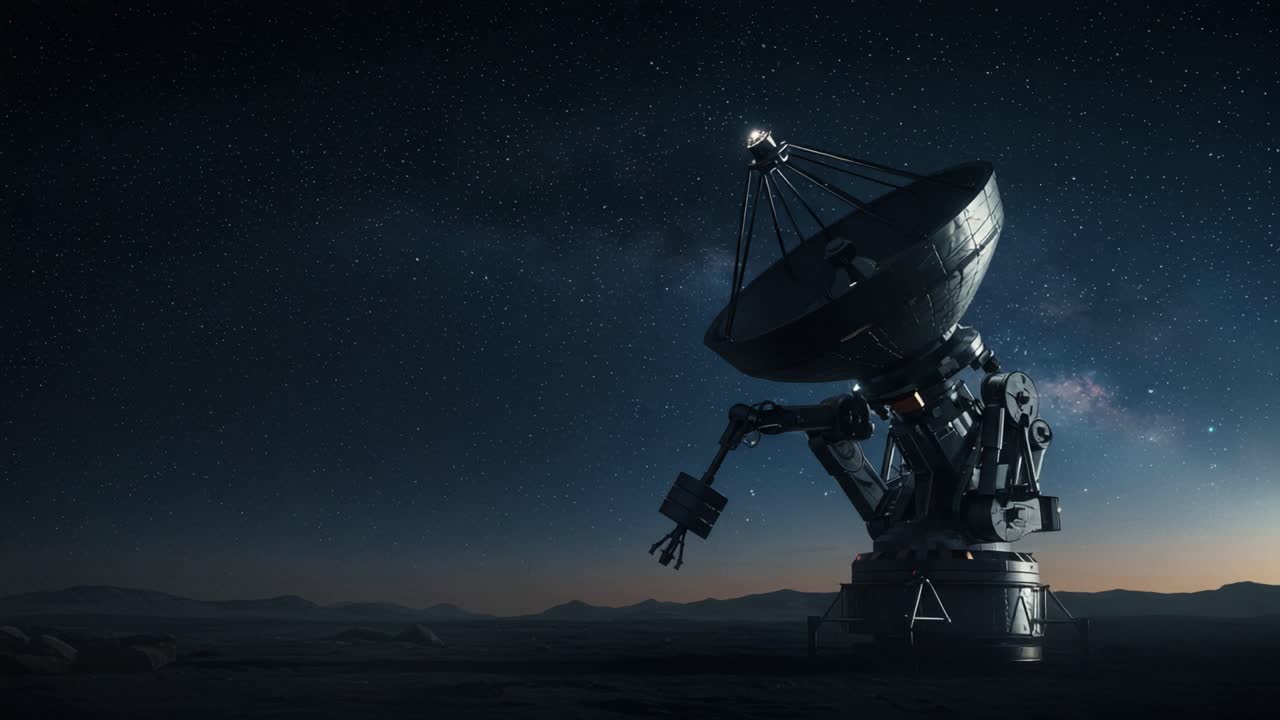 A High-Tech Satellite Dish Under Starry Skies: An Impressive Scene Capturing the Intricate Details of Space Communication Technology and Cosmic Wonders