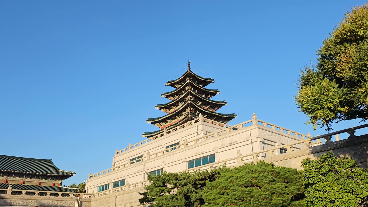A View Of Pagoda At Gyeongbokgung Palace In The National Folk Museum Of Korea, Seoul, South Korea. Low Angle Sideways