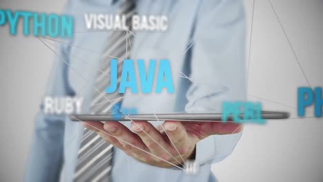Businessman using tablet to view hologram
