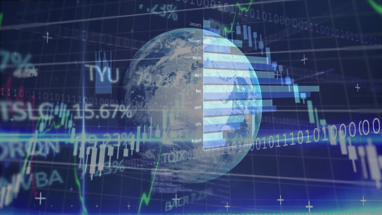 Globo terrestre 3D animato in un'interfaccia utente a griglia blu con flussi binari, grafici a linee e candele.