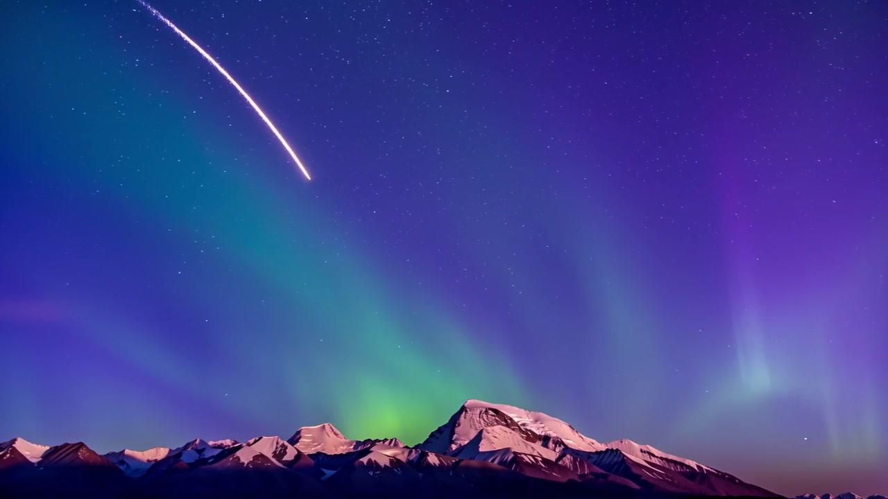 Mutevoli tende aurorali che si estendono sopra una montagna centrale innevata durante la notte polare, con una meteora che traccia un arco.