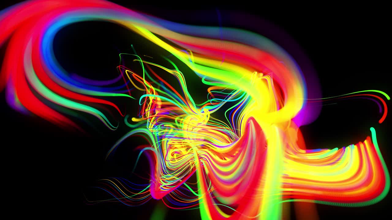 Abstract background flow of glow lines. Running lights particles form in 3d space glowing beautiful curved lines like ball of wires burning with neon light. Beautiful looped creative background in 4k.