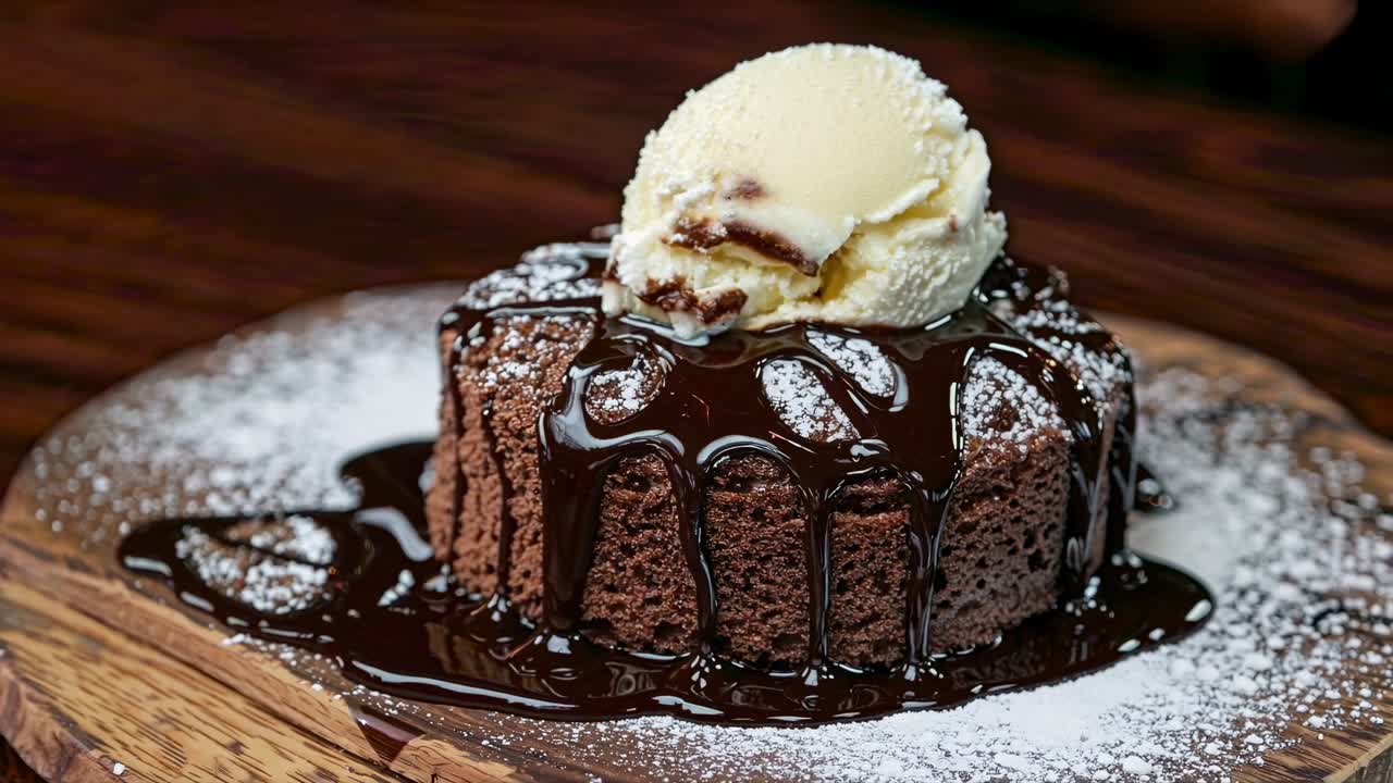 Ripresa video ravvicinata di una ricca torta al cioccolato con cuore morbido, guarnita con gelato alla vaniglia