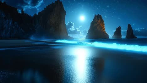 coastal night view with moonlit waves. bright moon illuminates rocky coastline as waves gently crash on the shore under a starry sky.