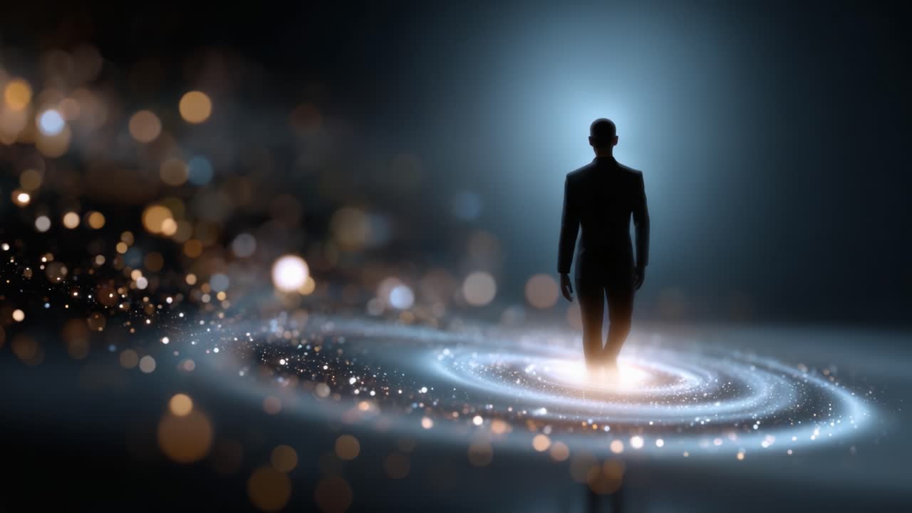 A figure stands in a swirling cosmic vortex, illuminated by ethereal lights, representing the journey of self-discovery and exploration of the universe's mysteries