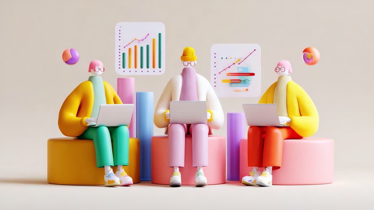 Three colorful, cartoonish characters engage with laptops while sitting on vibrant circular stools, surrounded by playful abstract graphs and shapes, symbolizing data analysis and teamwork