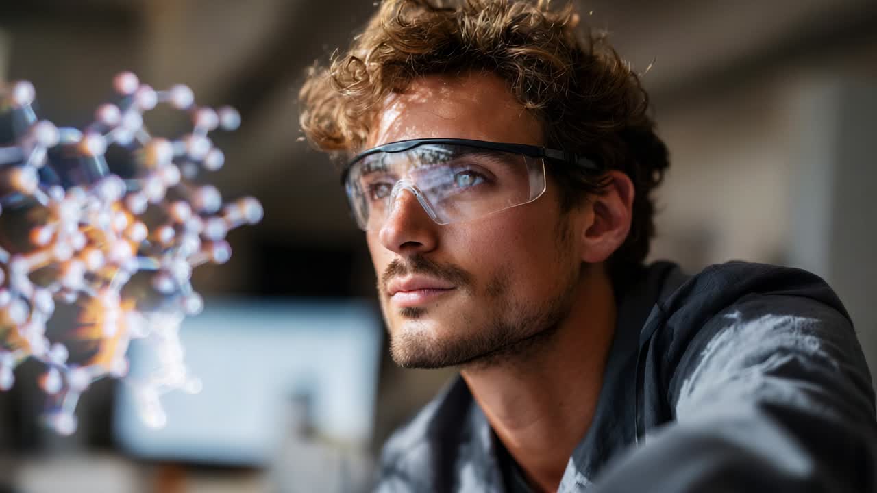 A contemplative young scientist observes molecular structures illuminated in front of him, showcasing the depth of his focus and the intricate beauty of scientific exploration, surrounded by a modern laboratory environment