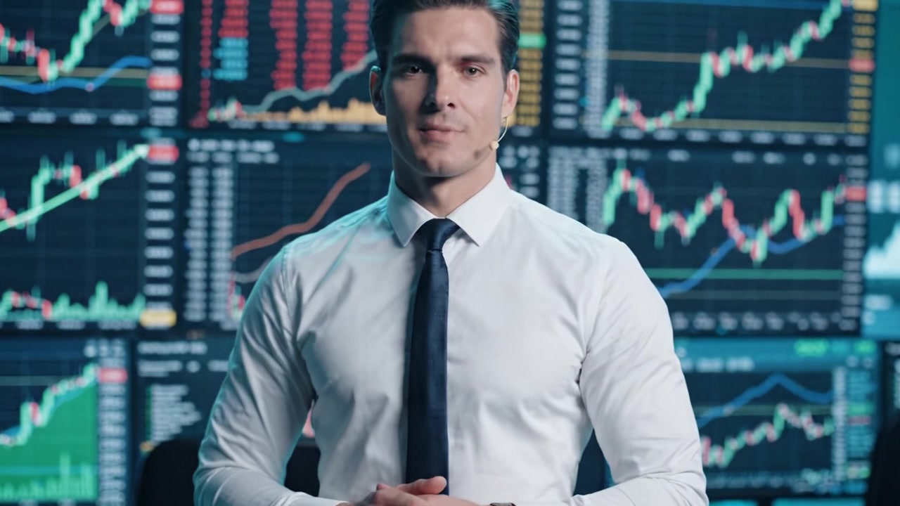 Selvsikker finansanalytiker præsenterer indsigt i aktiemarkedet med dynamiske finansielle diagrammer i baggrunden, hvilket demonstrerer ekspertise inden for handelsstrategier og markedsanalyse.