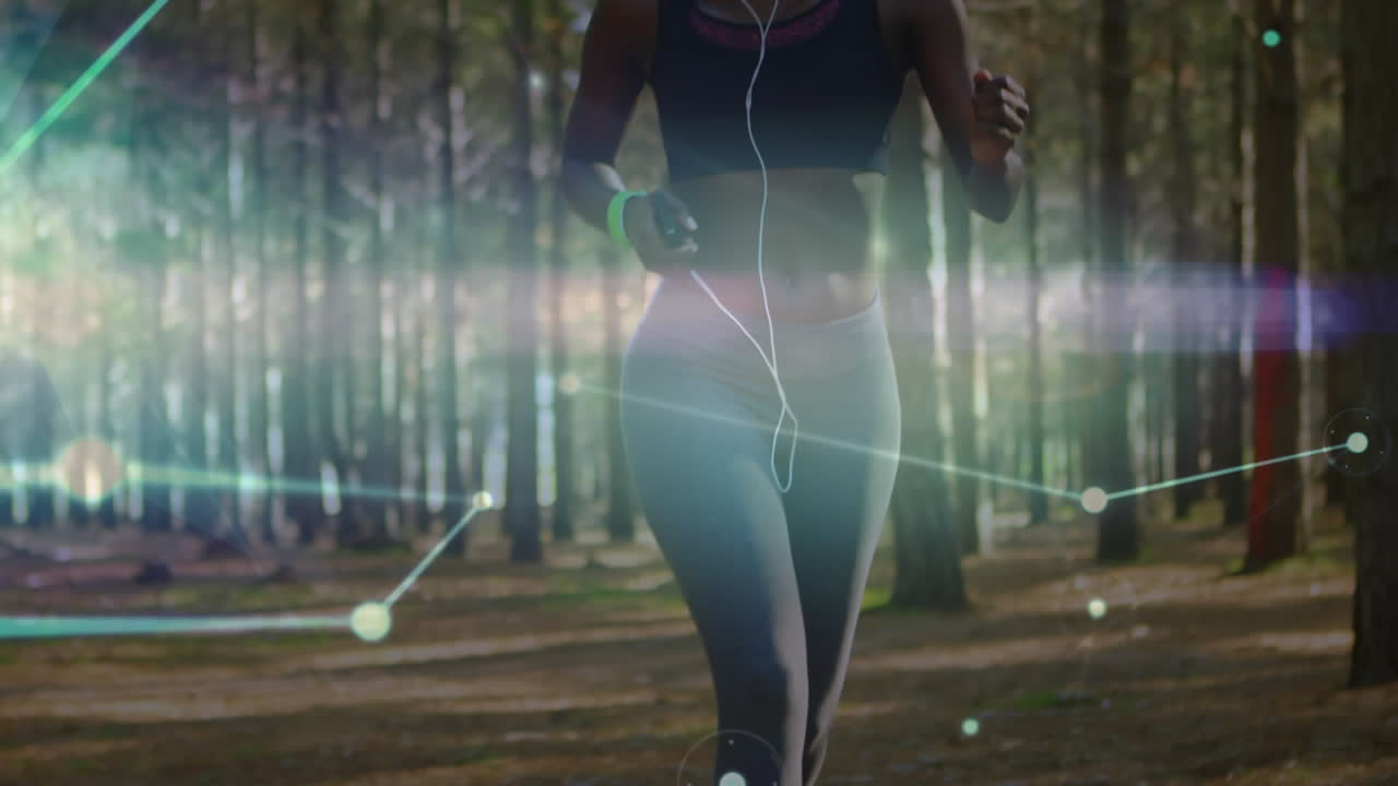 Animation of network of connections over woman running exercising in forest
