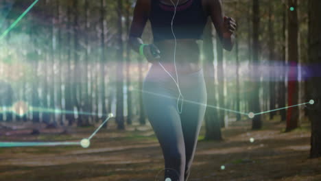 animación de la red de conexiones sobre la mujer corriendo haciendo ejercicio en el bosque