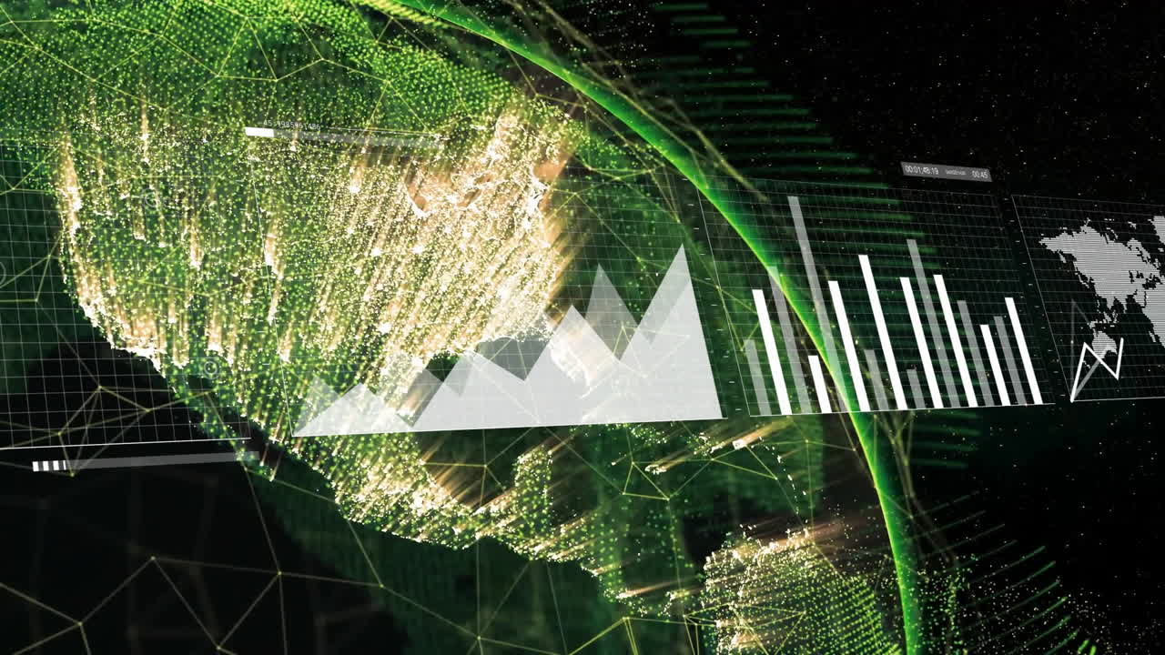 Digital animation of globe with data charts overlaying illuminated continents