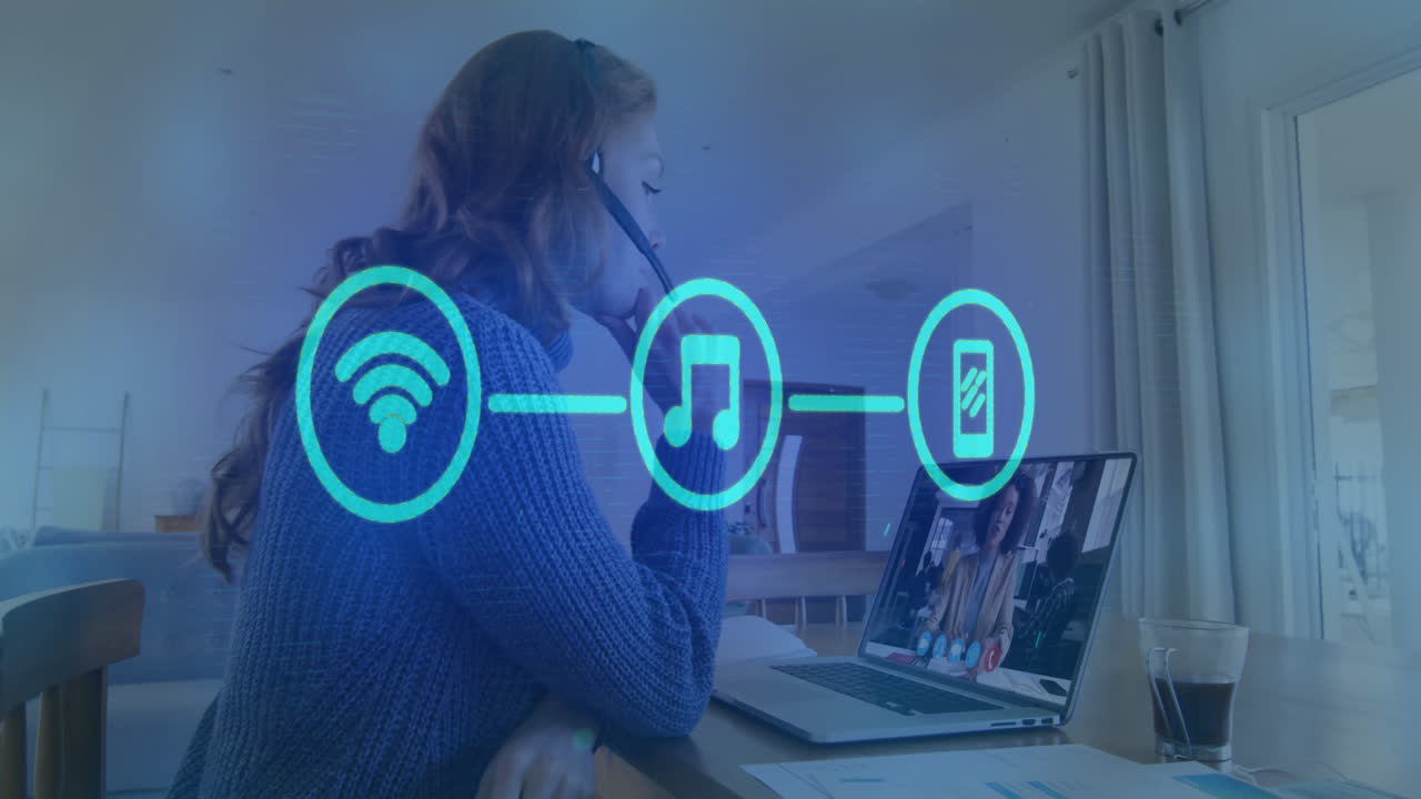 animación de wifi, música, iconos de teléfono que forman un diagrama de flujo, mujer caucásica discutiendo en una llamada de video