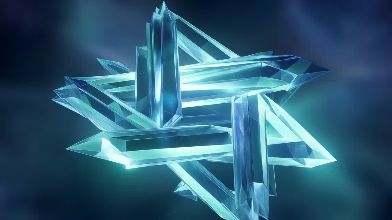 Rotating faceted teal crystal in misty fog gaining rim glow as backlight rises, pulling camera out
