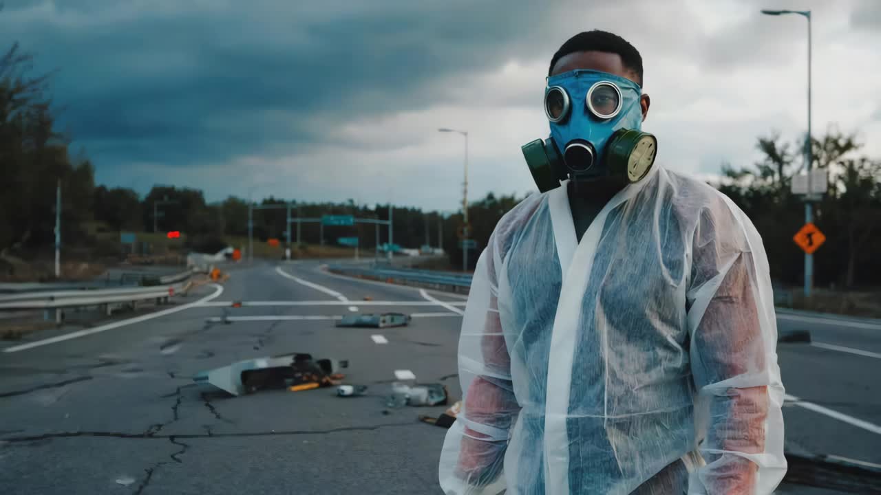 Man in gas mask on damaged road