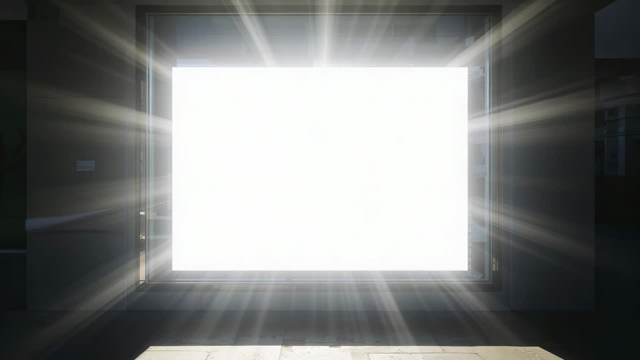 Emitting overexposed panel sending radial light rays across gallery floor for exhibit, placard left