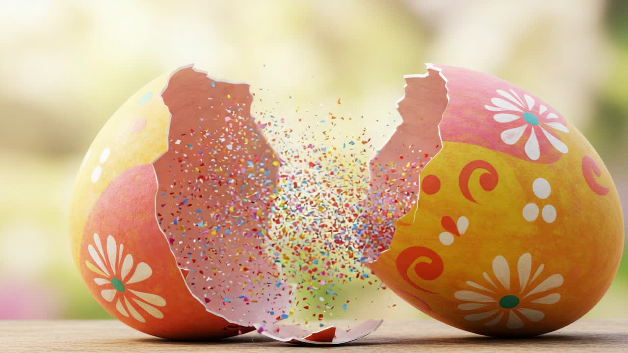 A Celebration of Spring: Vibrant Cracked Easter Eggs Unleashing Colorful Confetti on a Sunny Day, Symbolizing Renewal and Joy in Nature's Beauty