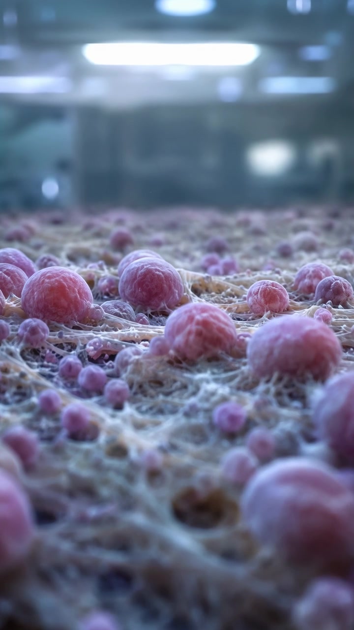 Formas arredondadas rosa e roxas cobrem uma superfície pálida emaranhada enquanto o foco se move pelos detalhes próximos, com reflexos suaves e luzes aéreas desfocadas criando profundidade em camadas