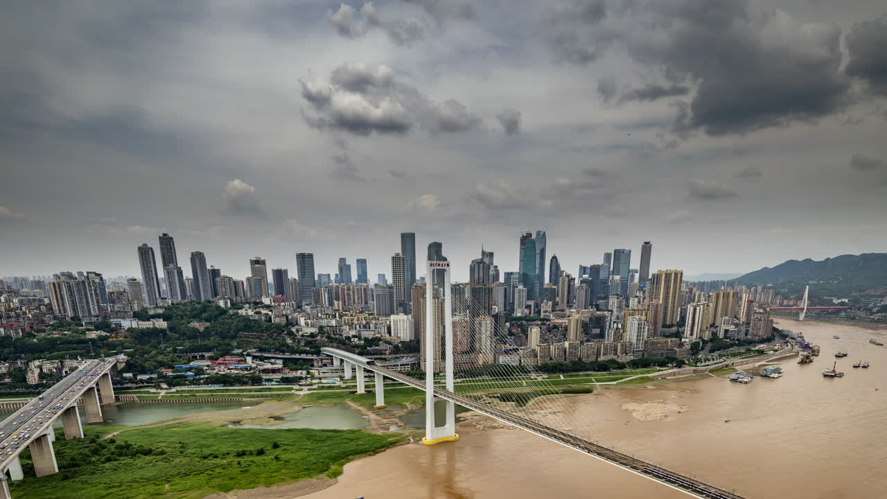 Timelapse of the amazing Chongqing cyberpunk city skyline reflected in a pool at night
