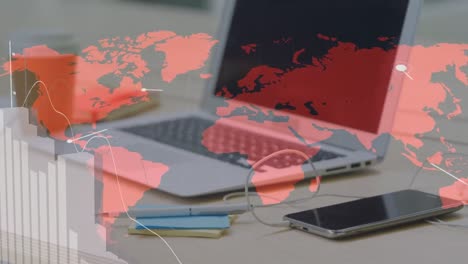 animación del procesamiento de datos en una computadora portátil y un mapa del mundo