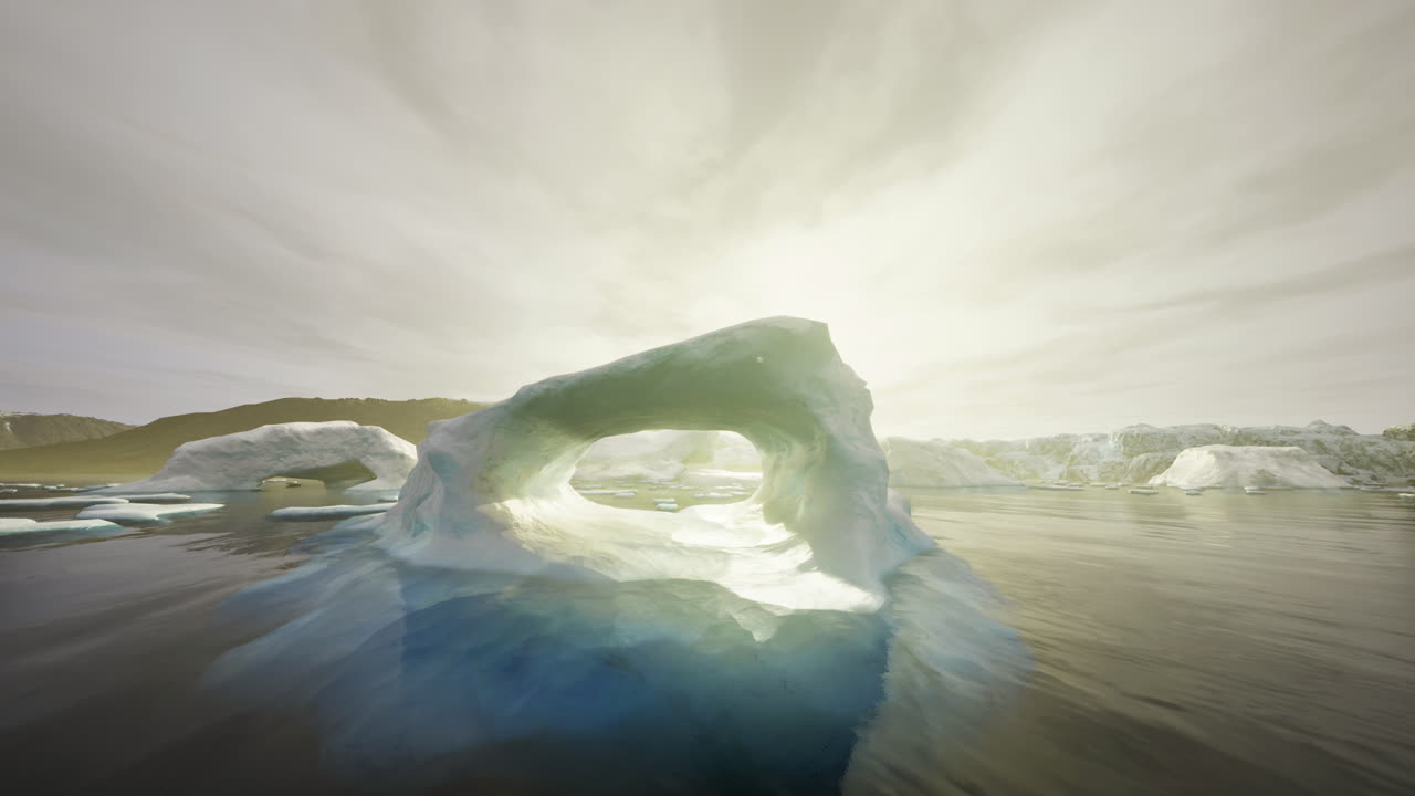 Stunning ice arch stands against a serene water landscape in the arctic