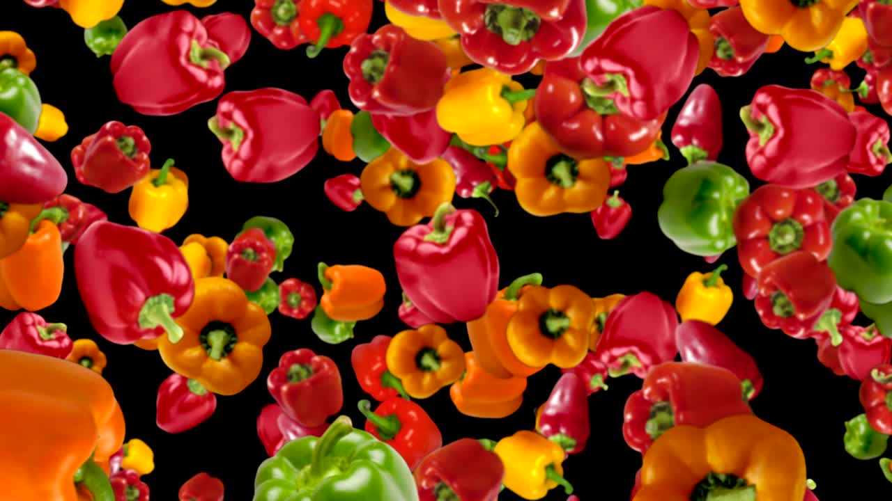 caída de pimientos y verduras anillo de animación, fondo, renderización, bucle