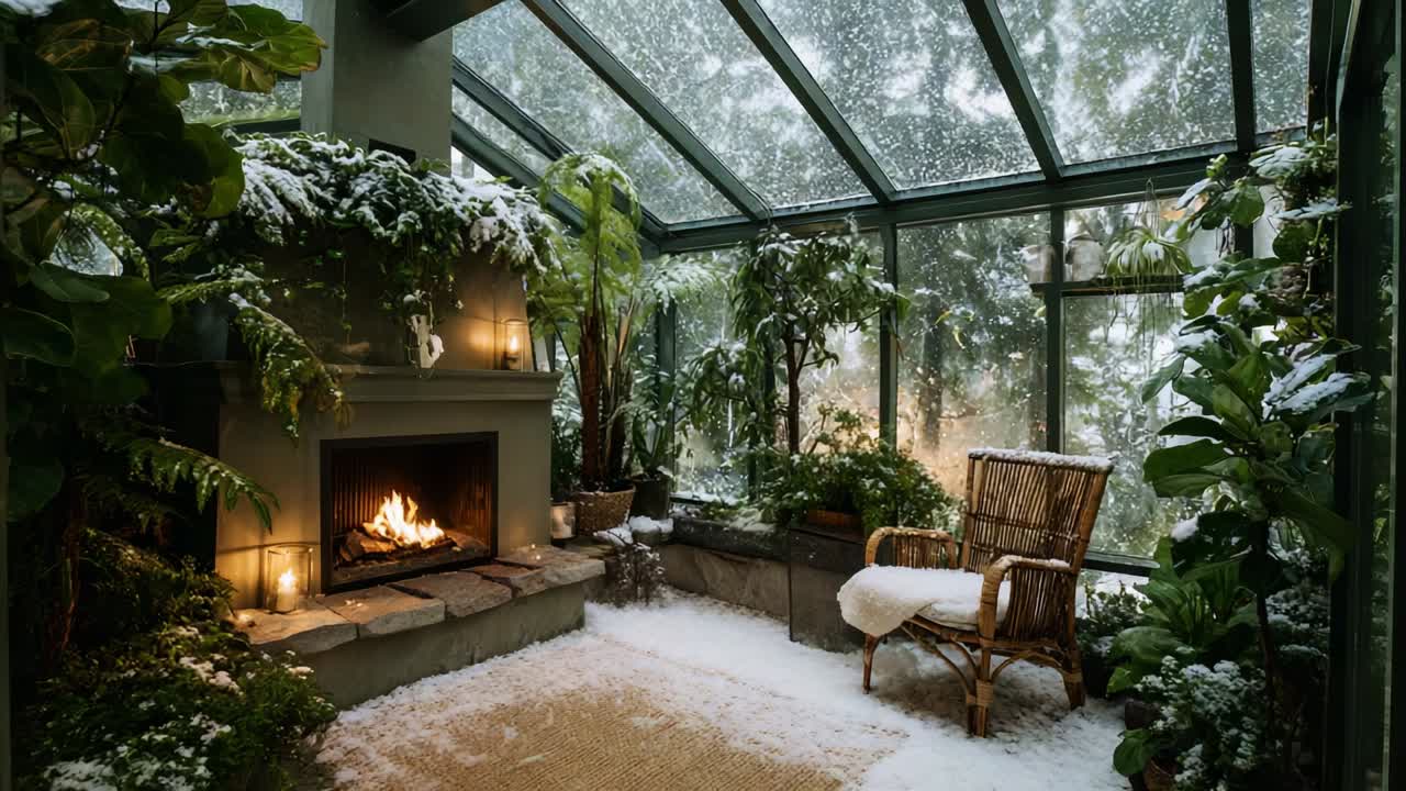 A Cozy Winter Scene in a Beautiful Glass Conservatory Surrounded by Lush Green Plants and Snowy Landscapes, Perfect for Relaxation and Enjoyment of the Warm Fireplace Amidst Nature's Wonder