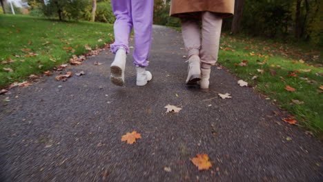 back view: two women walk along the path in the autumn park, walk side by side, only the legs are visible in the frame.