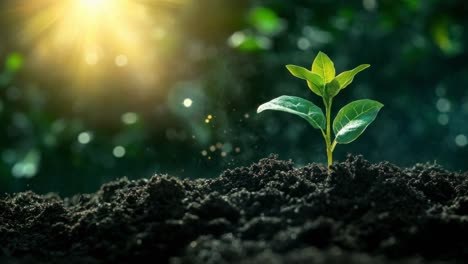 close-up video of a young plant sprouting in rich soil, captured from a low angle with sunlight