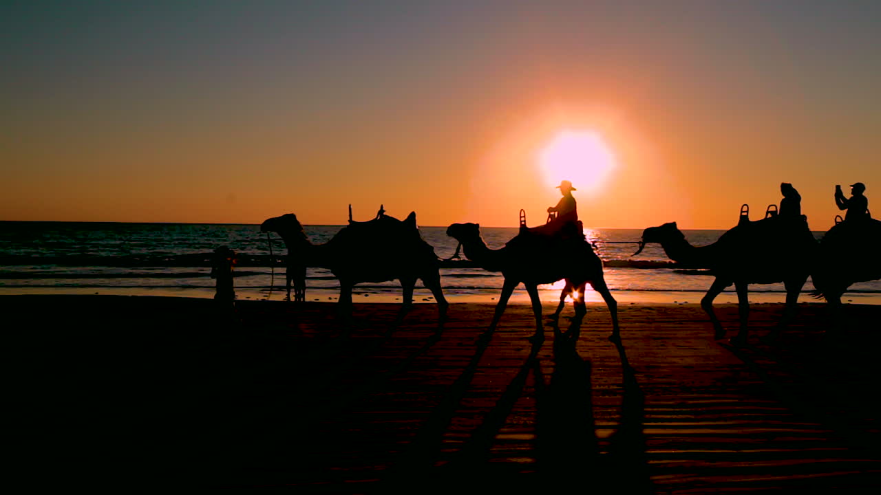 un tren de camellos cruza la playa de broome en el oeste de australia al atardecer 1
