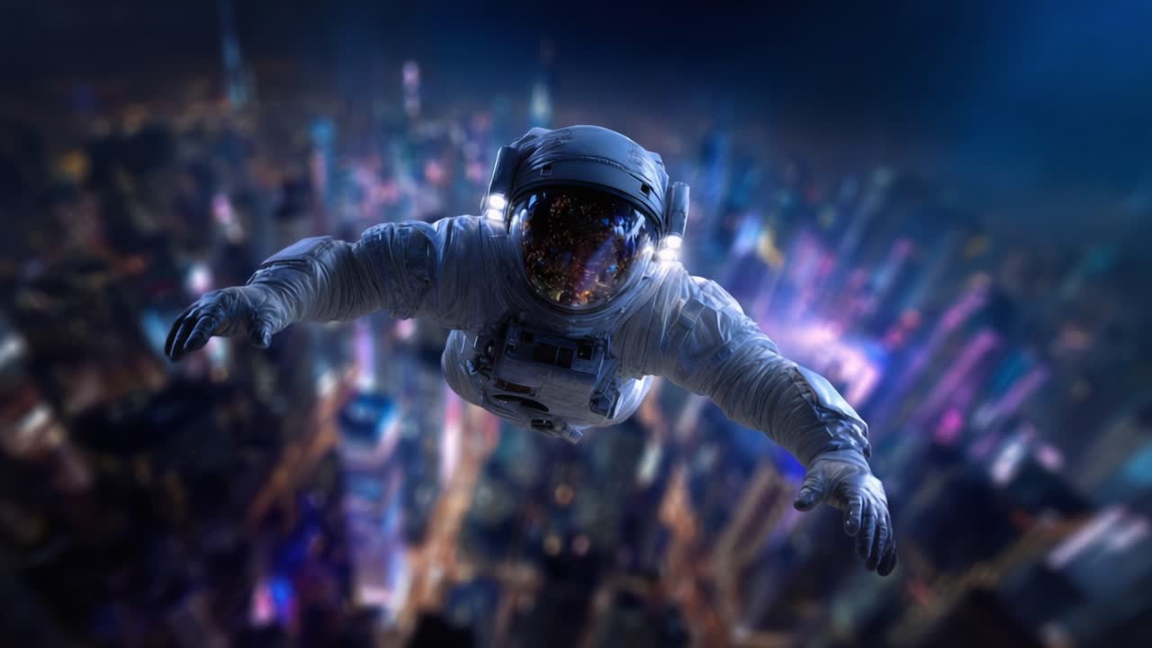 An astronaut floats gracefully in the darkness above a mesmerizing cityscape, illuminated by vibrant lights that reflect the wonders of space exploration and urban beauty