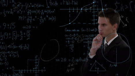 animation of caucasian businessman over mathematical equations on black background