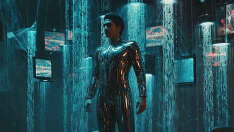 man in futuristic metallic suit in a digital data environment