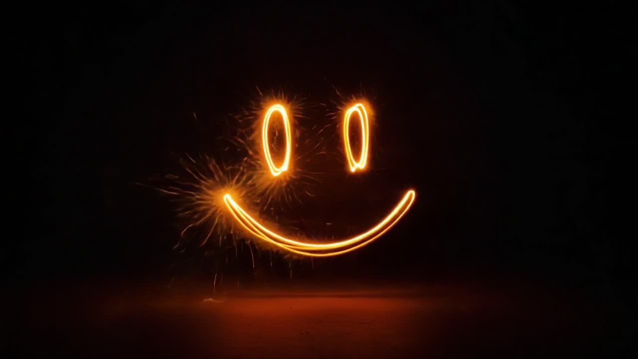 Illuminated Smile: Captivating Visuals of a Sparkling Happy Face Created with Light and Fireworks in a Dark Background Setting
