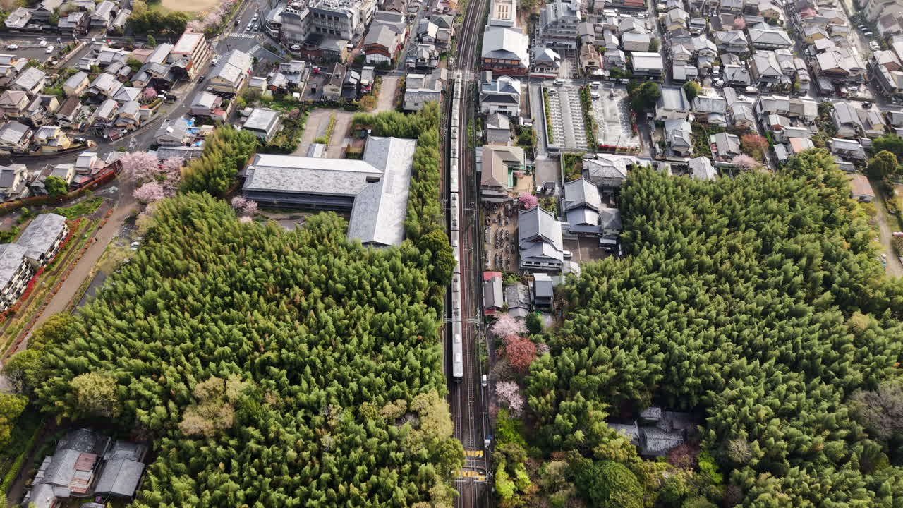 Aerial drone view of a train moving through Arashiyama, Kyoto, Japan in daylight