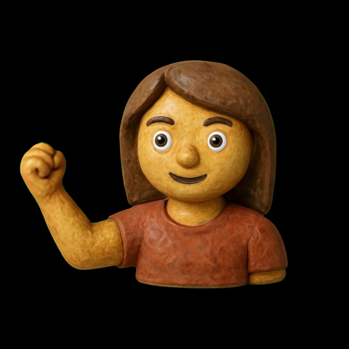Animación 3D estilo plastilina de una mujer flexionando su brazo