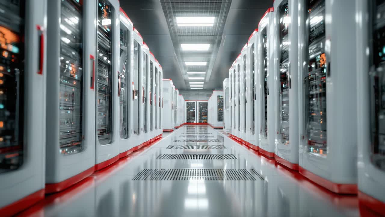A Glimpse Inside a Cutting-Edge Data Center with High-Tech Server Racks and Red Accents, Showcasing the Future of Digital Infrastructure and Connectivity