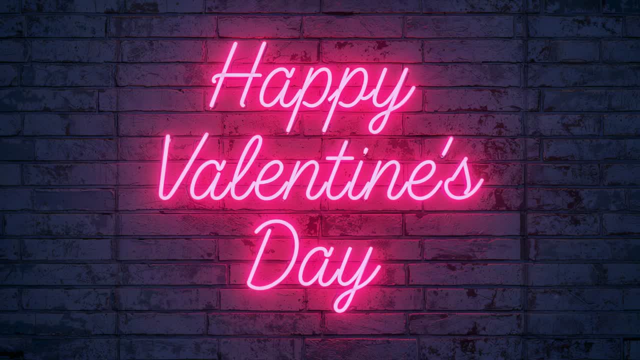 Camera starting pulsing neon sign Happy Valentine's Day dimming on brick wall, pink halo for event