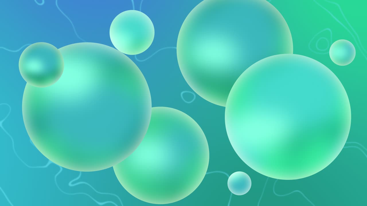 Animated abstract background with moving spheres. Dynamic wallpaper with balls, molecules or particles.  Ad banner or presentation template. modern design green and blue colors. Looped animation