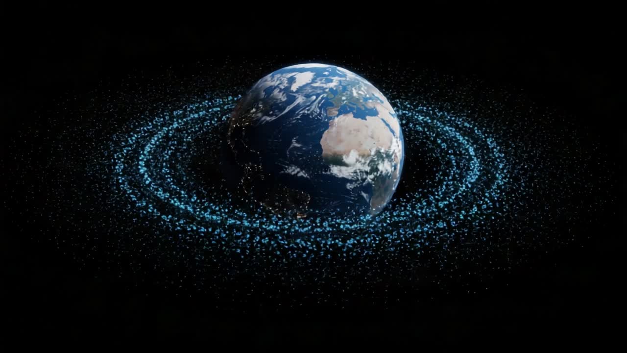 Una prospettiva mozzafiato della Terra circondata da vasti anelli di detriti spaziali e satelliti, che cattura la bellezza e la complessità del nostro pianeta nel cosmo